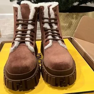 【FENDI】BOOTS◆7U1696AOT6 Fendi Black Leather Lace Up Ankle Boots with Zucca Trim - 36
